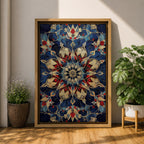 Intricate Islamic geometric mandala pattern featuring symmetrical arabesque floral motifs in deep blue, gold, and red tones arranged in a radial mosaic design, creating an ornate ornamental pattern inspired by traditional Islamic tilework and decorative architecture.