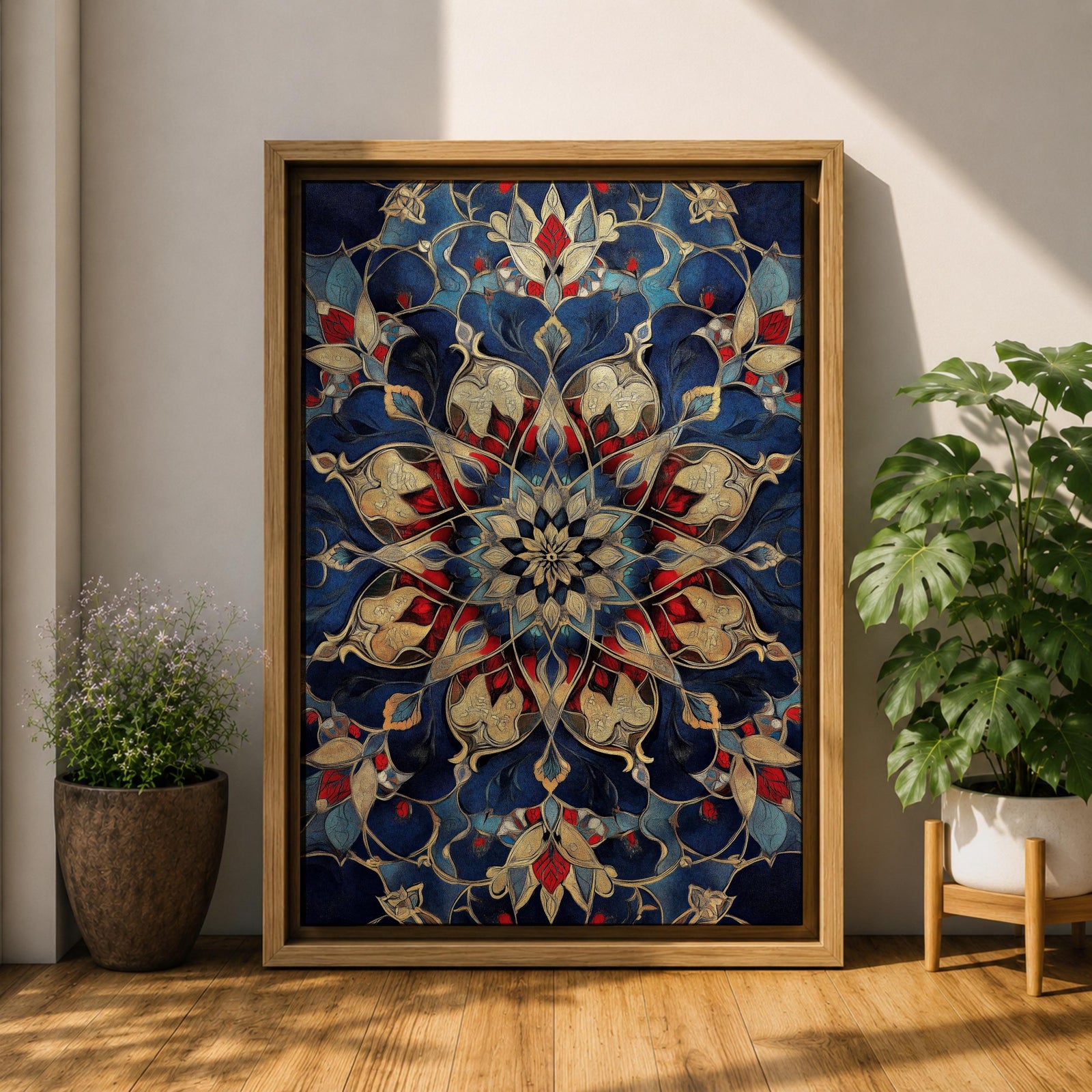 Intricate Islamic geometric mandala pattern featuring symmetrical arabesque floral motifs in deep blue, gold, and red tones arranged in a radial mosaic design, creating an ornate ornamental pattern inspired by traditional Islamic tilework and decorative architecture.