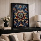 Intricate Islamic geometric mandala pattern featuring symmetrical arabesque floral motifs in deep blue, gold, and red tones arranged in a radial mosaic design, creating an ornate ornamental pattern inspired by traditional Islamic tilework and decorative architecture.