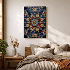 Intricate Islamic geometric mandala pattern featuring symmetrical arabesque floral motifs in deep blue, gold, and red tones arranged in a radial mosaic design, creating an ornate ornamental pattern inspired by traditional Islamic tilework and decorative architecture.