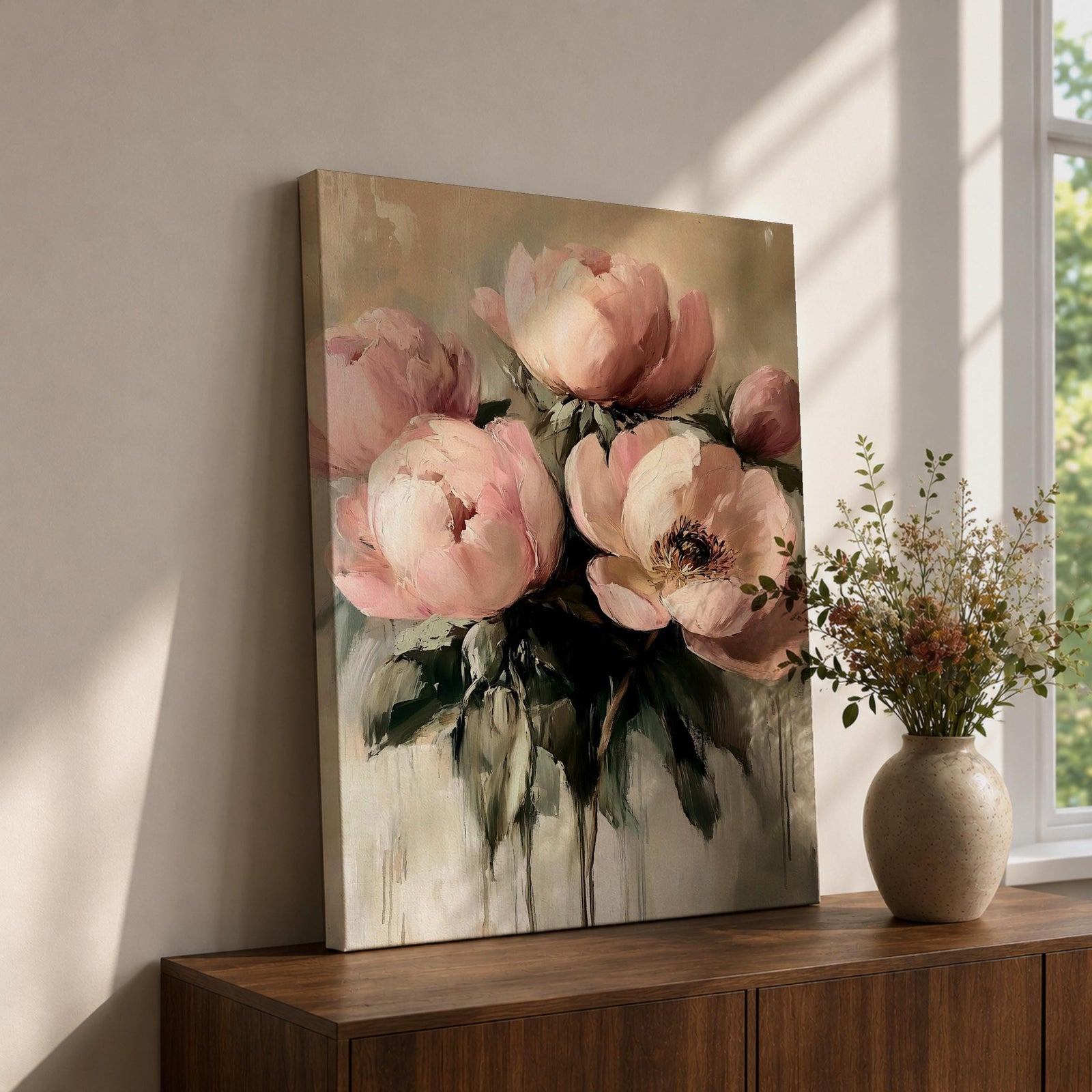 A framed watercolor painting of a peony bouquet featuring soft pink blooms with lush green leaves. The floral arrangement is rendered in a vintage botanical style with delicate brush strokes and subtle shading, capturing the natural beauty and texture of the flowers against a muted background.