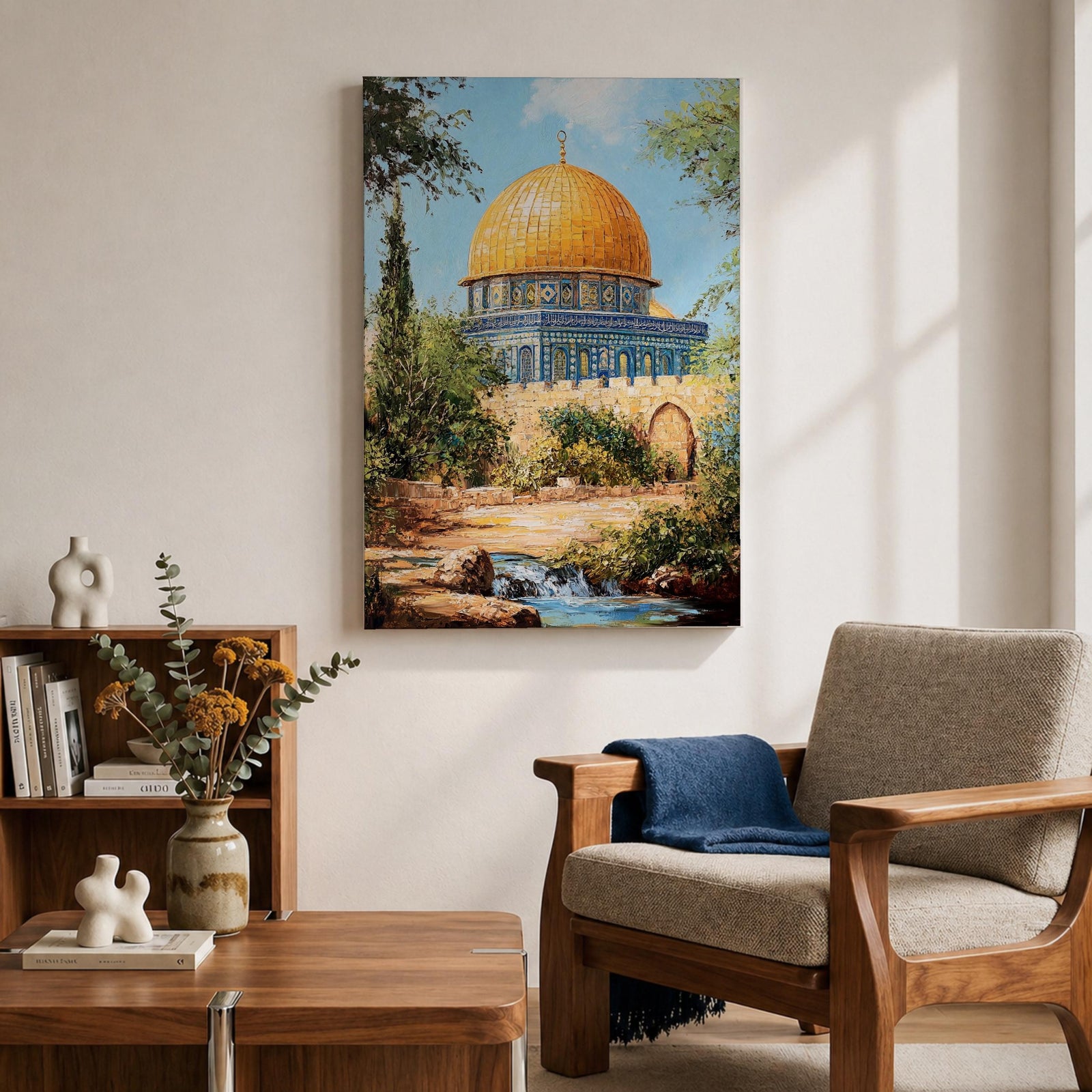 Textured painting of the Dome of the Rock in Jerusalem featuring the iconic golden dome and blue tile architecture surrounded by trees and garden paths, capturing the sacred Islamic shrine on the Temple Mount under a bright blue sky with warm sunlight.