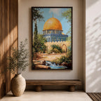 Textured painting of the Dome of the Rock in Jerusalem featuring the iconic golden dome and blue tile architecture surrounded by trees and garden paths, capturing the sacred Islamic shrine on the Temple Mount under a bright blue sky with warm sunlight.