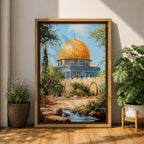 Textured painting of the Dome of the Rock in Jerusalem featuring the iconic golden dome and blue tile architecture surrounded by trees and garden paths, capturing the sacred Islamic shrine on the Temple Mount under a bright blue sky with warm sunlight.