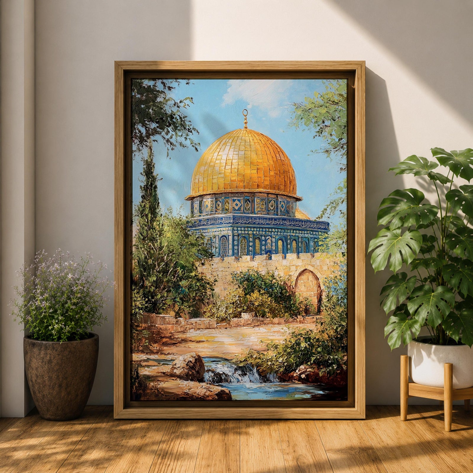 Textured painting of the Dome of the Rock in Jerusalem featuring the iconic golden dome and blue tile architecture surrounded by trees and garden paths, capturing the sacred Islamic shrine on the Temple Mount under a bright blue sky with warm sunlight.