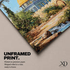 Textured painting of the Dome of the Rock in Jerusalem featuring the iconic golden dome and blue tile architecture surrounded by trees and garden paths, capturing the sacred Islamic shrine on the Temple Mount under a bright blue sky with warm sunlight.