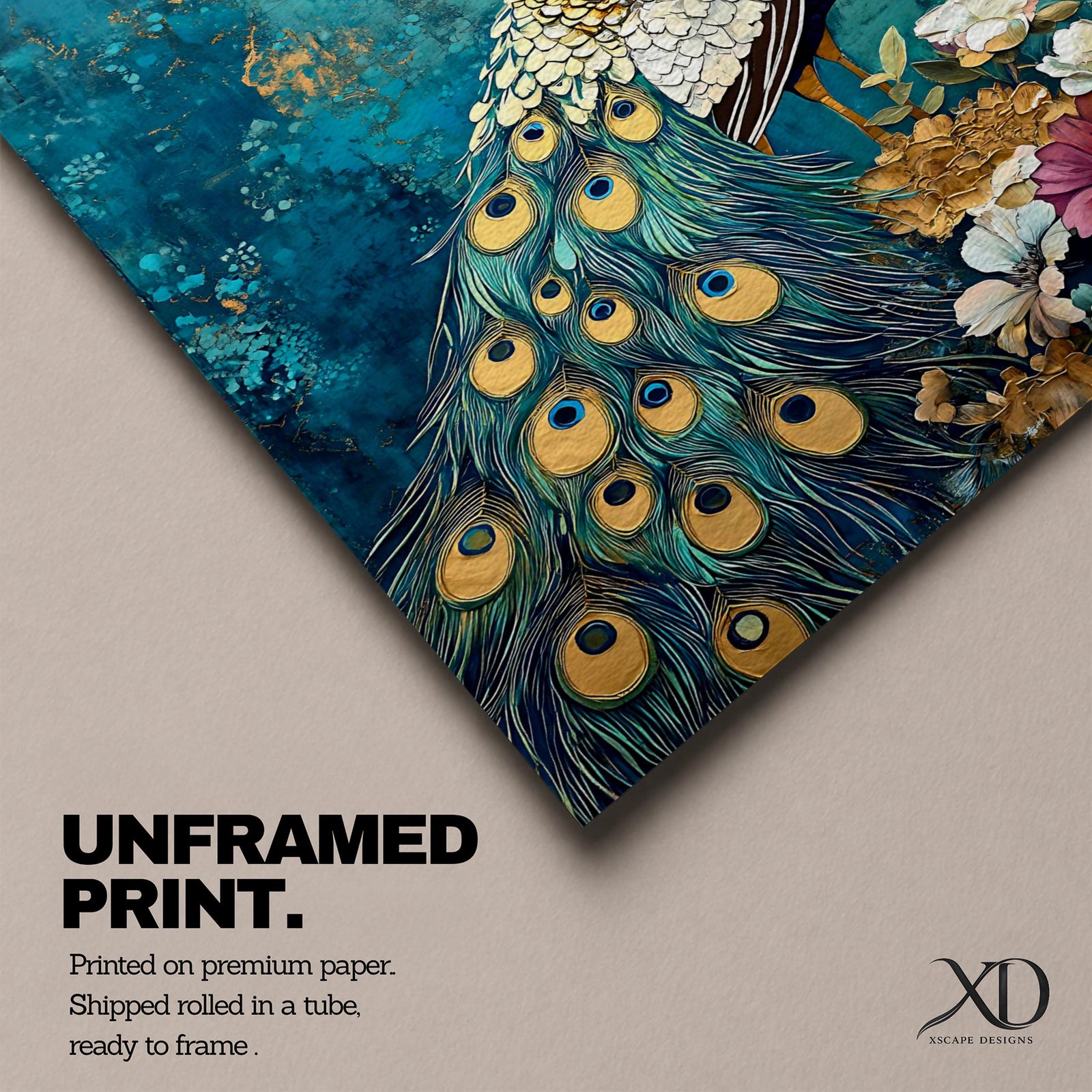 A detailed painting of a peacock standing gracefully with its vibrant tail feathers decorated with eye-like patterns. The bird is surrounded by flowers and foliage against a textured teal background, capturing the natural beauty and elegance of this iconic bird in a realistic style.