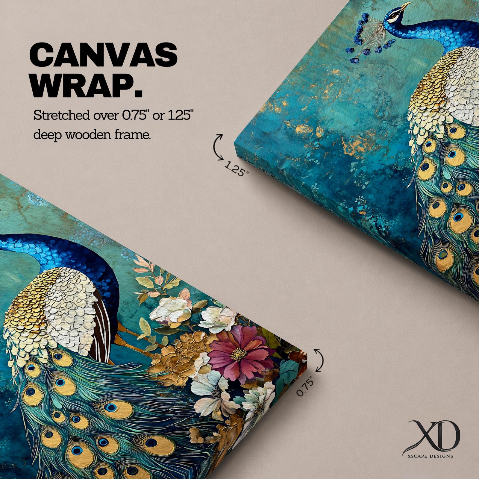 A detailed painting of a peacock standing gracefully with its vibrant tail feathers decorated with eye-like patterns. The bird is surrounded by flowers and foliage against a textured teal background, capturing the natural beauty and elegance of this iconic bird in a realistic style.