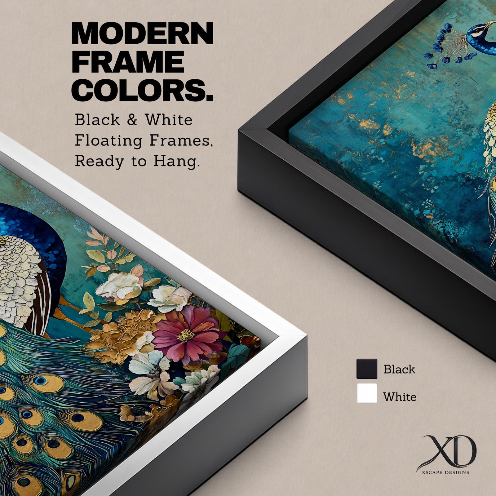 A detailed painting of a peacock standing gracefully with its vibrant tail feathers decorated with eye-like patterns. The bird is surrounded by flowers and foliage against a textured teal background, capturing the natural beauty and elegance of this iconic bird in a realistic style.