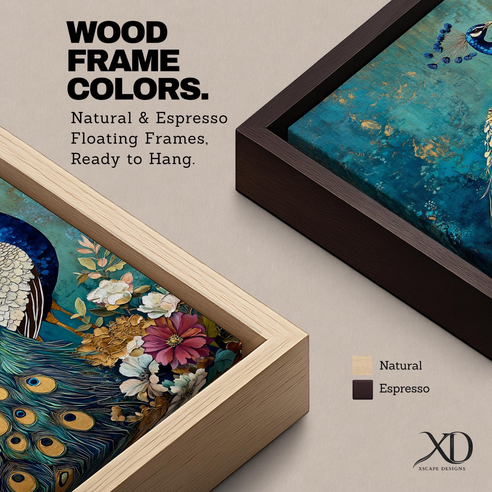 A detailed painting of a peacock standing gracefully with its vibrant tail feathers decorated with eye-like patterns. The bird is surrounded by flowers and foliage against a textured teal background, capturing the natural beauty and elegance of this iconic bird in a realistic style.