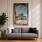 Masjid Al-Aqsa wall art showing the golden Dome of the Rock in Jerusalem framed through a historic stone archway. Islamic canvas artwork featuring the sacred mosque courtyard and architectural arches, perfect for Muslim home decor and mosque-inspired wall art.