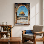 Masjid Al-Aqsa wall art showing the golden Dome of the Rock in Jerusalem framed through a historic stone archway. Islamic canvas artwork featuring the sacred mosque courtyard and architectural arches, perfect for Muslim home decor and mosque-inspired wall art.