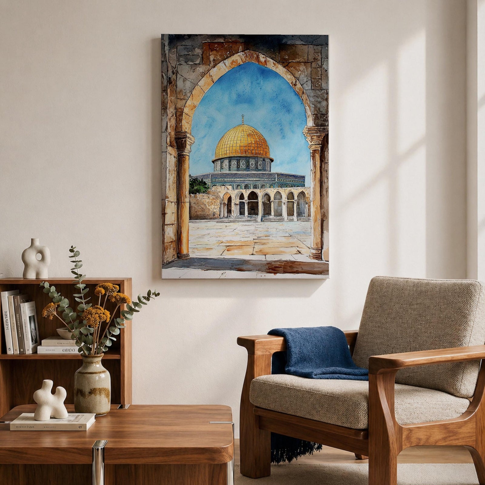 Masjid Al-Aqsa wall art showing the golden Dome of the Rock in Jerusalem framed through a historic stone archway. Islamic canvas artwork featuring the sacred mosque courtyard and architectural arches, perfect for Muslim home decor and mosque-inspired wall art.