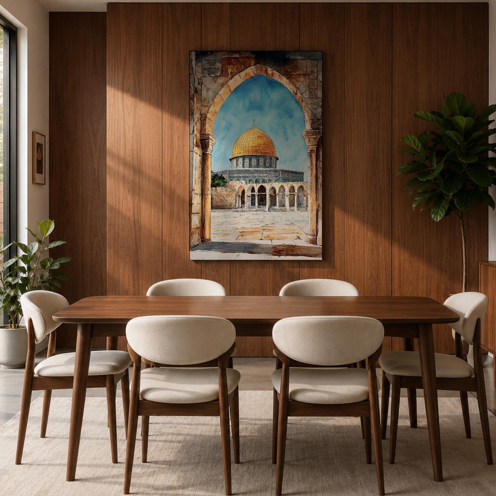 Masjid Al-Aqsa wall art showing the golden Dome of the Rock in Jerusalem framed through a historic stone archway. Islamic canvas artwork featuring the sacred mosque courtyard and architectural arches, perfect for Muslim home decor and mosque-inspired wall art.