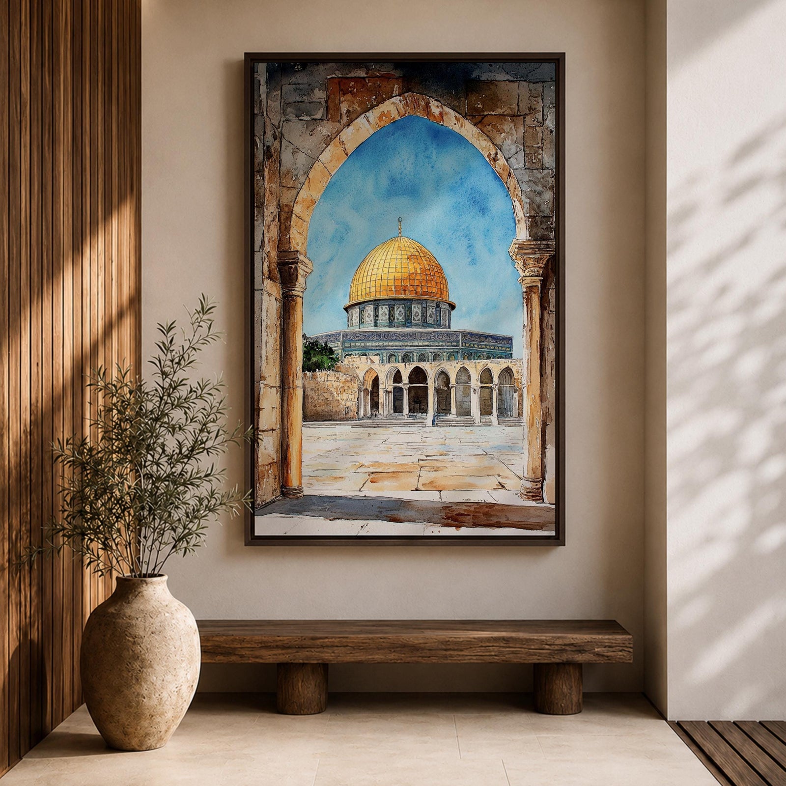 Masjid Al-Aqsa wall art showing the golden Dome of the Rock in Jerusalem framed through a historic stone archway. Islamic canvas artwork featuring the sacred mosque courtyard and architectural arches, perfect for Muslim home decor and mosque-inspired wall art.