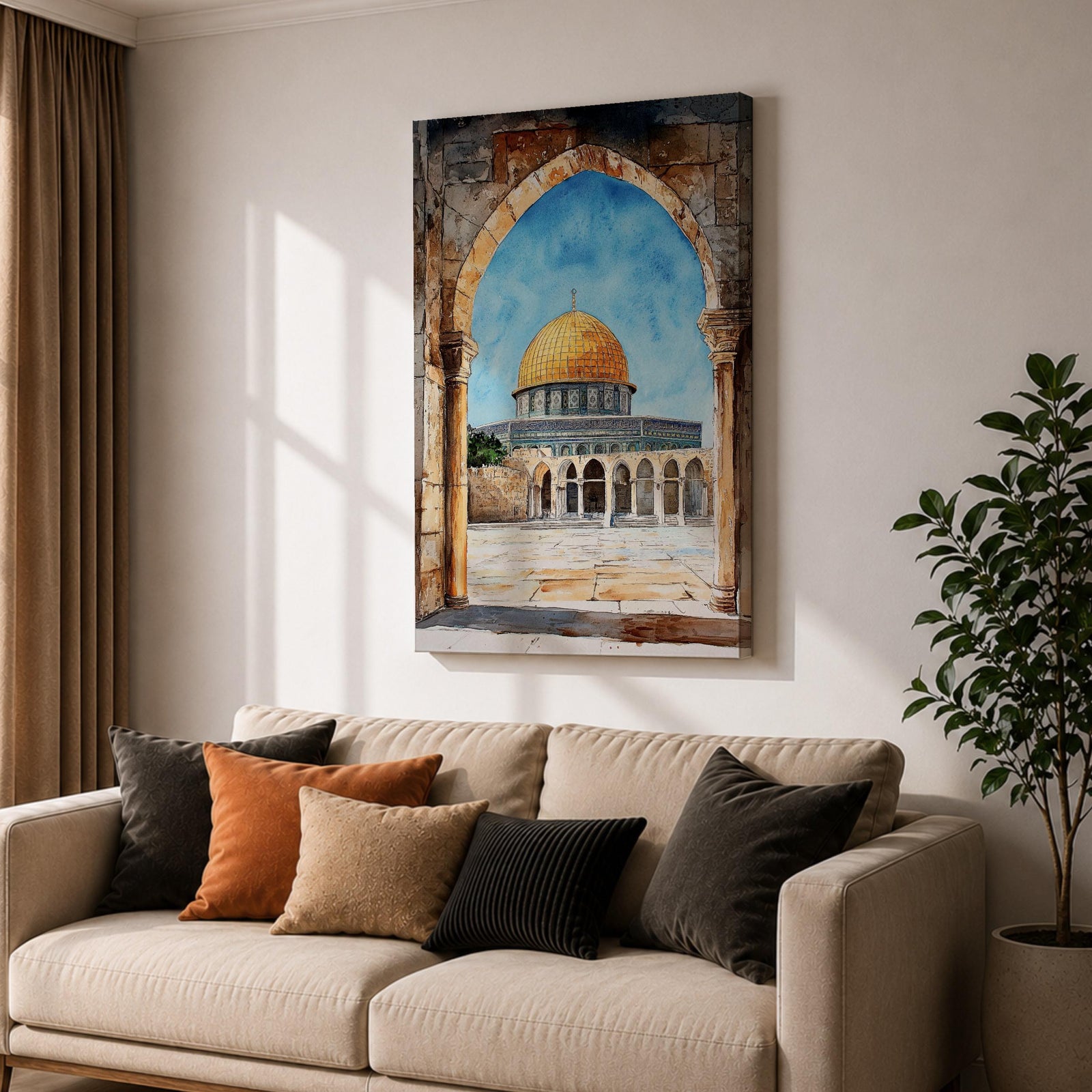 Masjid Al-Aqsa wall art showing the golden Dome of the Rock in Jerusalem framed through a historic stone archway. Islamic canvas artwork featuring the sacred mosque courtyard and architectural arches, perfect for Muslim home decor and mosque-inspired wall art.