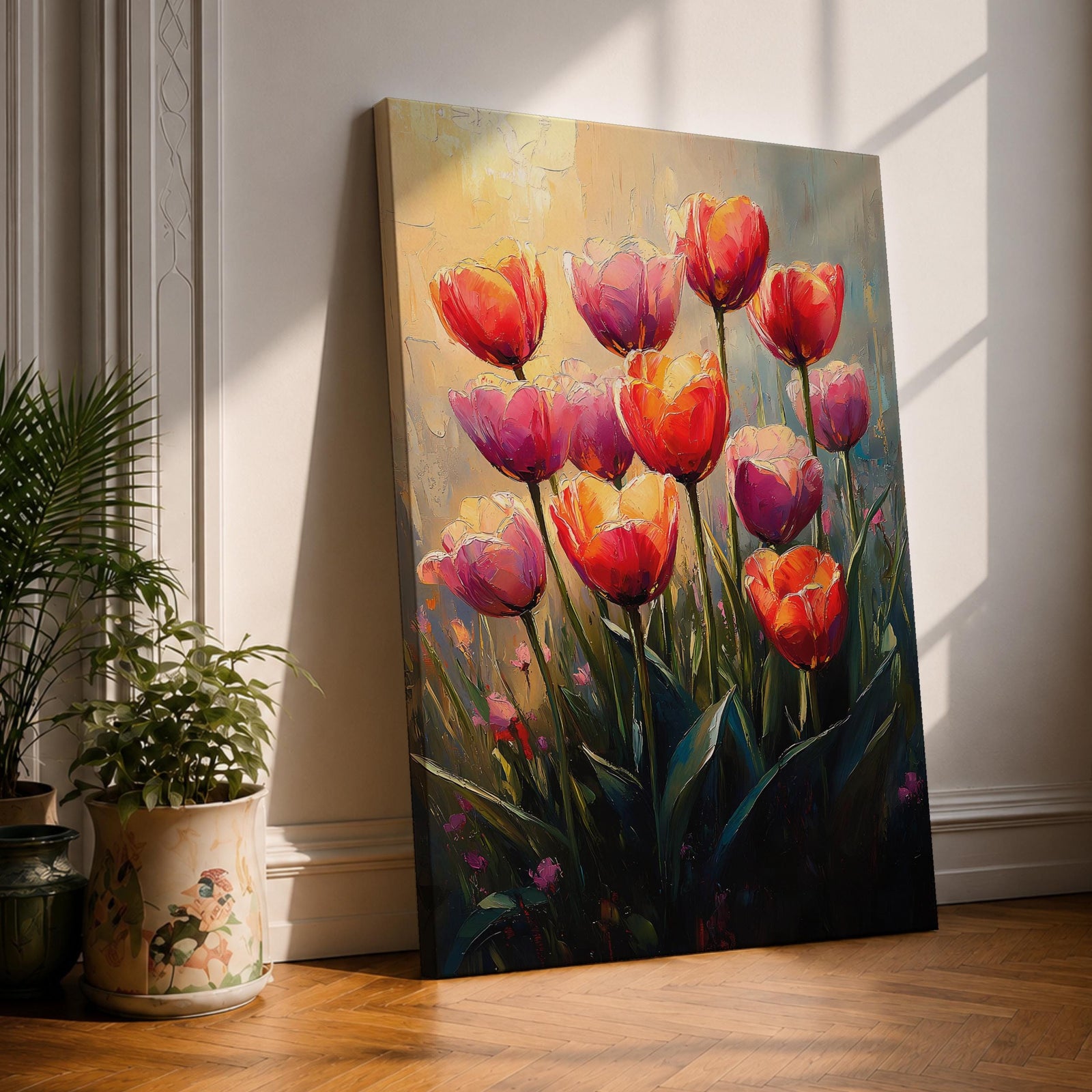 A vibrant painting of tulip flowers featuring multiple red, pink, and orange blooms with green stems and leaves. The artwork uses a textured impasto style with rich brushstrokes to create depth and dimension, capturing the natural beauty of tulips in a lively floral composition.