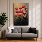 A vibrant painting of tulip flowers featuring multiple red, pink, and orange blooms with green stems and leaves. The artwork uses a textured impasto style with rich brushstrokes to create depth and dimension, capturing the natural beauty of tulips in a lively floral composition.