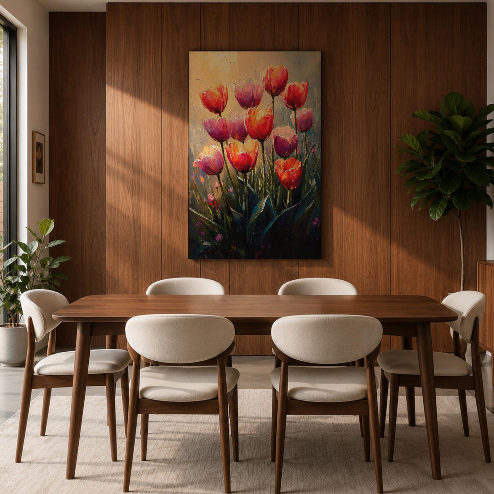 A vibrant painting of tulip flowers featuring multiple red, pink, and orange blooms with green stems and leaves. The artwork uses a textured impasto style with rich brushstrokes to create depth and dimension, capturing the natural beauty of tulips in a lively floral composition.