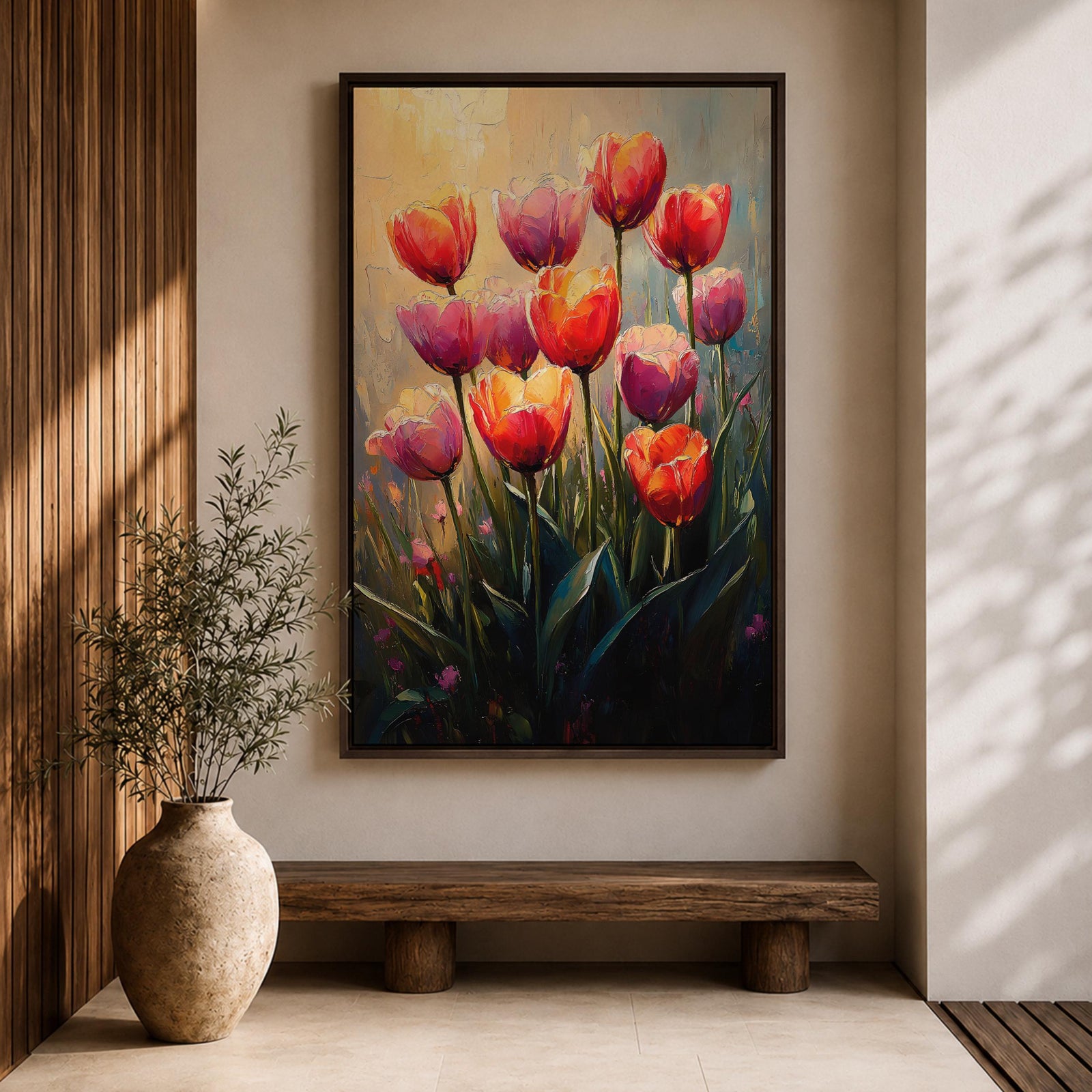 A vibrant painting of tulip flowers featuring multiple red, pink, and orange blooms with green stems and leaves. The artwork uses a textured impasto style with rich brushstrokes to create depth and dimension, capturing the natural beauty of tulips in a lively floral composition.