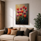 A vibrant painting of tulip flowers featuring multiple red, pink, and orange blooms with green stems and leaves. The artwork uses a textured impasto style with rich brushstrokes to create depth and dimension, capturing the natural beauty of tulips in a lively floral composition.
