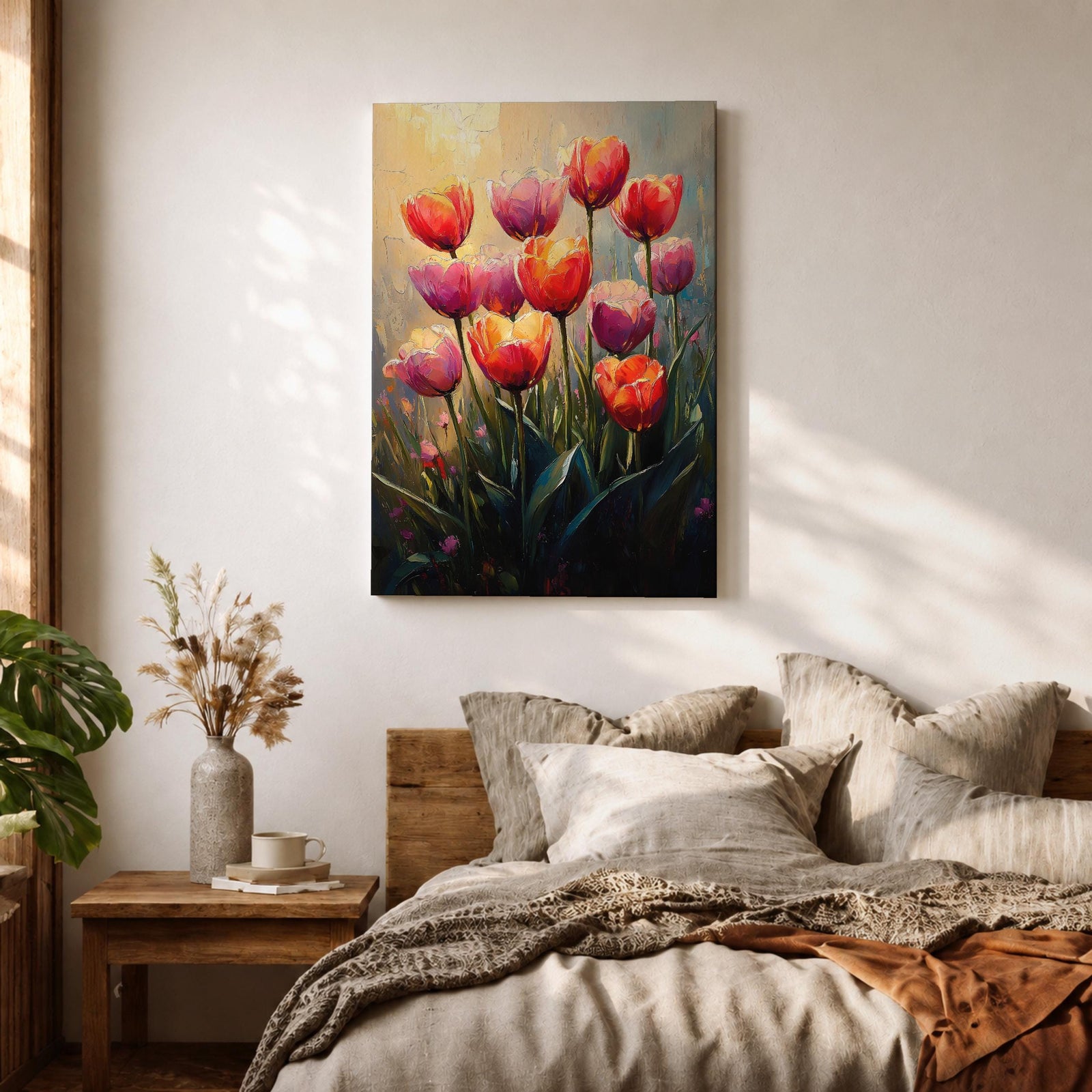 A vibrant painting of tulip flowers featuring multiple red, pink, and orange blooms with green stems and leaves. The artwork uses a textured impasto style with rich brushstrokes to create depth and dimension, capturing the natural beauty of tulips in a lively floral composition.