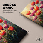 A vibrant painting of tulip flowers featuring multiple red, pink, and orange blooms with green stems and leaves. The artwork uses a textured impasto style with rich brushstrokes to create depth and dimension, capturing the natural beauty of tulips in a lively floral composition.