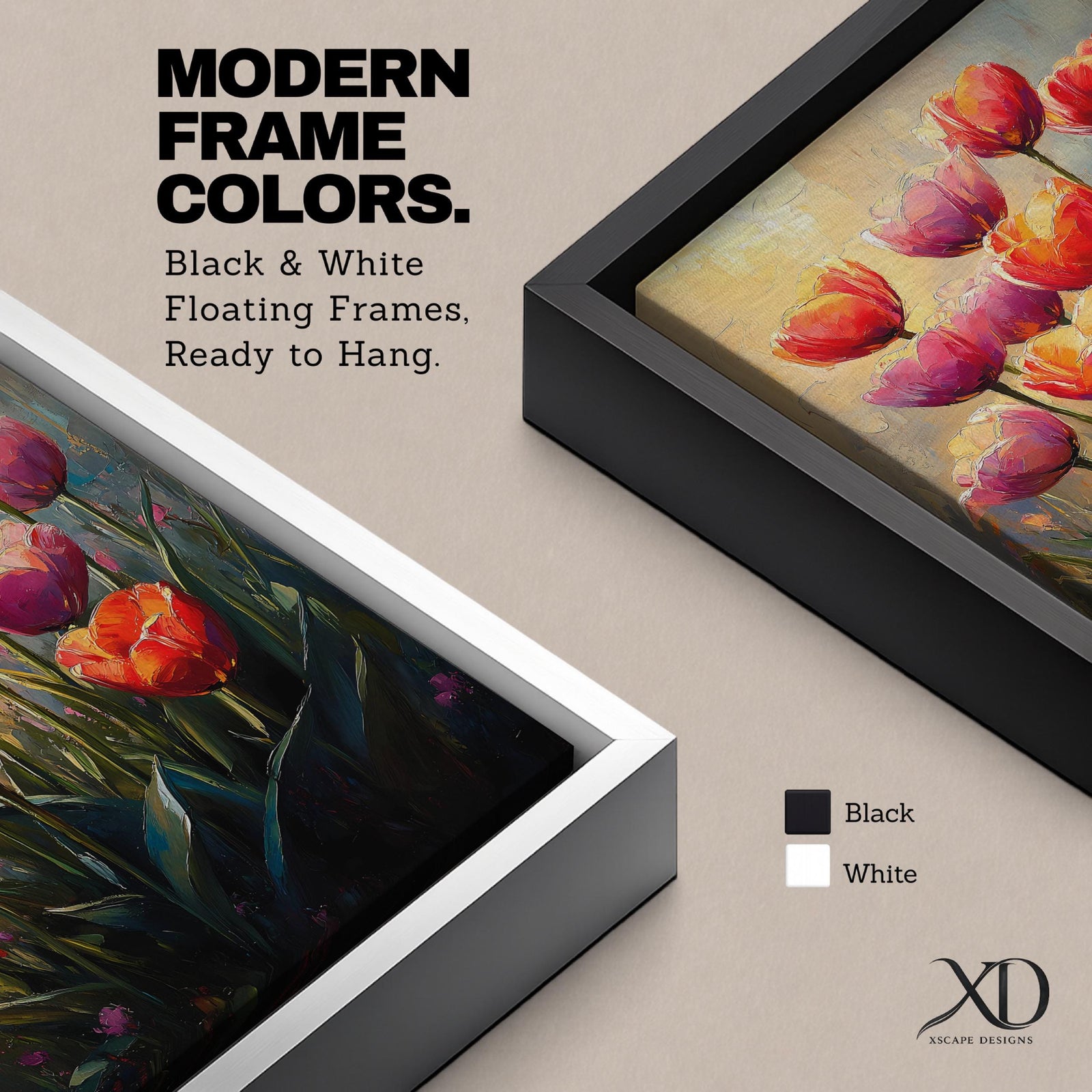 A vibrant painting of tulip flowers featuring multiple red, pink, and orange blooms with green stems and leaves. The artwork uses a textured impasto style with rich brushstrokes to create depth and dimension, capturing the natural beauty of tulips in a lively floral composition.
