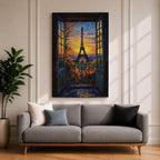 An impasto style framed canvas painting depicting the Eiffel Tower viewed through open balcony doors at sunset. The textured brush strokes create vibrant foliage and sky details, capturing the iconic Paris landmark with rich color and depth in a cityscape composition.