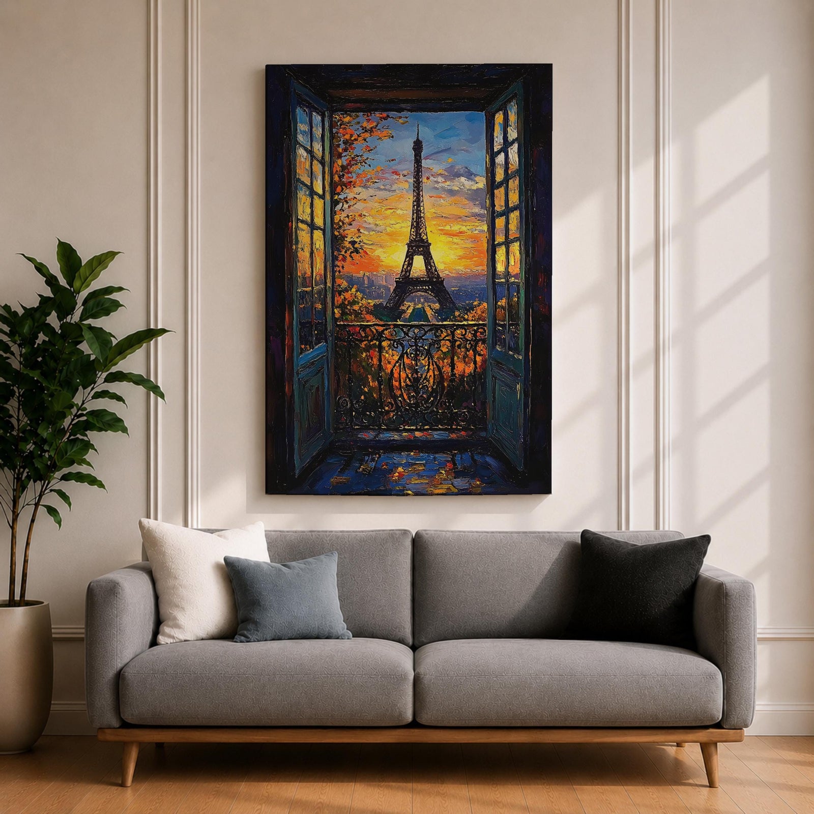An impasto style framed canvas painting depicting the Eiffel Tower viewed through open balcony doors at sunset. The textured brush strokes create vibrant foliage and sky details, capturing the iconic Paris landmark with rich color and depth in a cityscape composition.