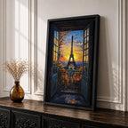 An impasto style framed canvas painting depicting the Eiffel Tower viewed through open balcony doors at sunset. The textured brush strokes create vibrant foliage and sky details, capturing the iconic Paris landmark with rich color and depth in a cityscape composition.