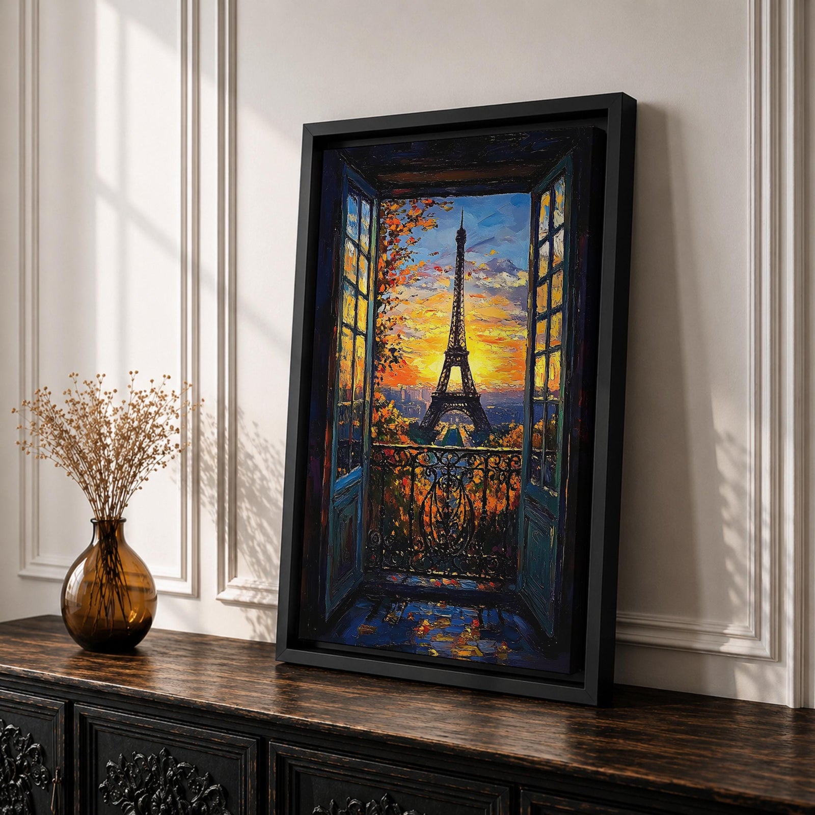 An impasto style framed canvas painting depicting the Eiffel Tower viewed through open balcony doors at sunset. The textured brush strokes create vibrant foliage and sky details, capturing the iconic Paris landmark with rich color and depth in a cityscape composition.