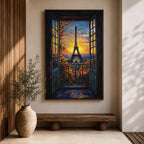 An impasto style framed canvas painting depicting the Eiffel Tower viewed through open balcony doors at sunset. The textured brush strokes create vibrant foliage and sky details, capturing the iconic Paris landmark with rich color and depth in a cityscape composition.