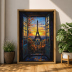 An impasto style framed canvas painting depicting the Eiffel Tower viewed through open balcony doors at sunset. The textured brush strokes create vibrant foliage and sky details, capturing the iconic Paris landmark with rich color and depth in a cityscape composition.
