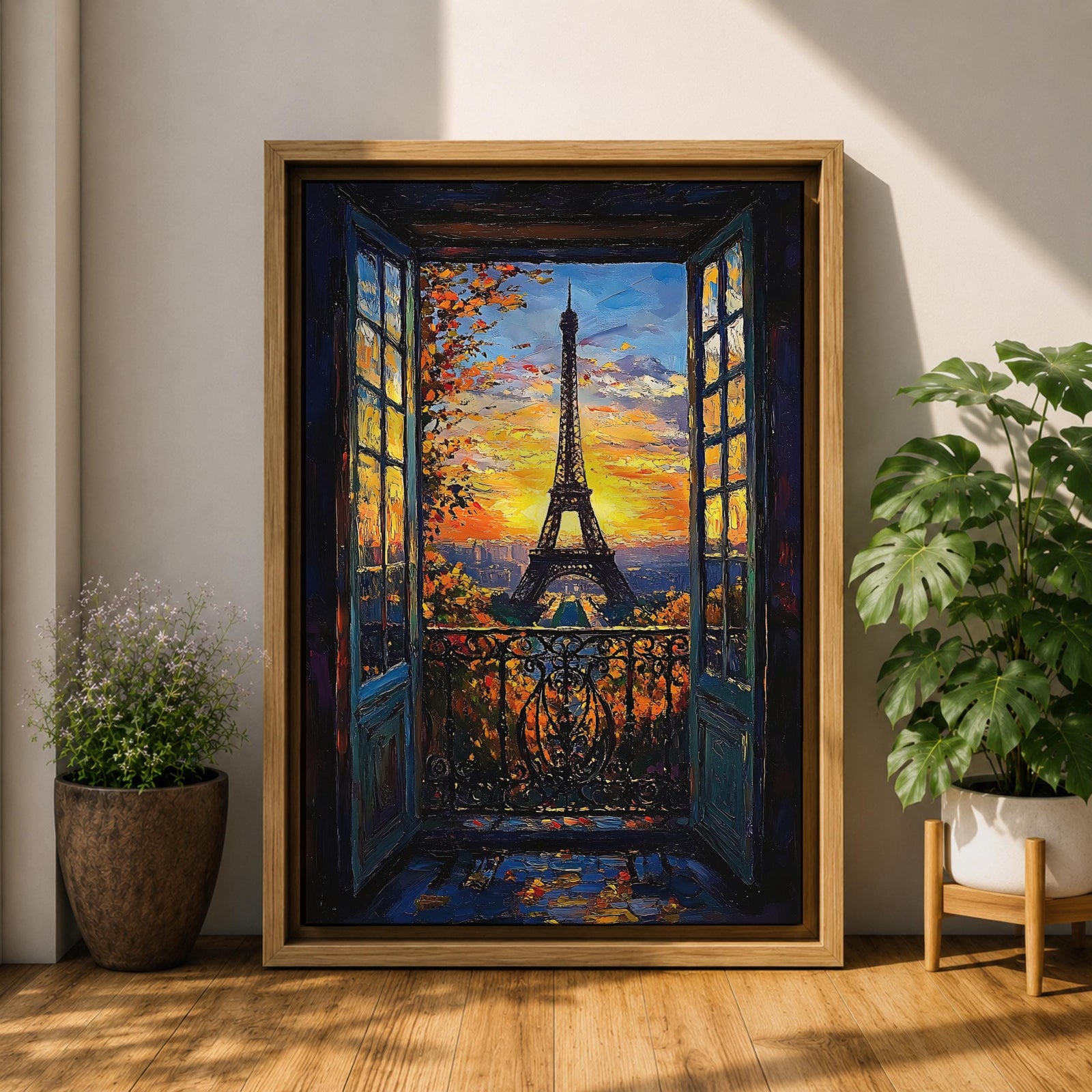 An impasto style framed canvas painting depicting the Eiffel Tower viewed through open balcony doors at sunset. The textured brush strokes create vibrant foliage and sky details, capturing the iconic Paris landmark with rich color and depth in a cityscape composition.