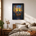 An impasto style framed canvas painting depicting the Eiffel Tower viewed through open balcony doors at sunset. The textured brush strokes create vibrant foliage and sky details, capturing the iconic Paris landmark with rich color and depth in a cityscape composition.