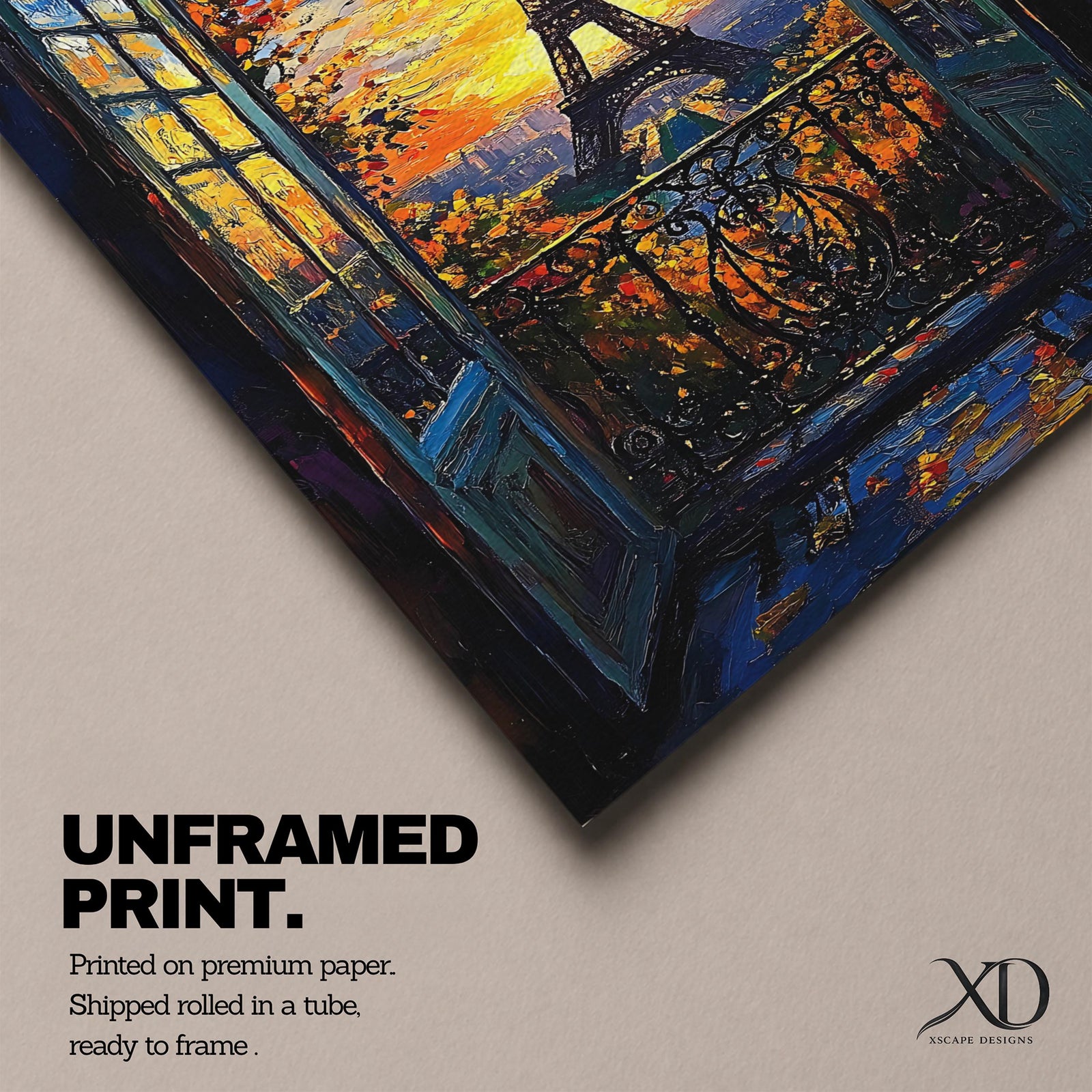 An impasto style framed canvas painting depicting the Eiffel Tower viewed through open balcony doors at sunset. The textured brush strokes create vibrant foliage and sky details, capturing the iconic Paris landmark with rich color and depth in a cityscape composition.