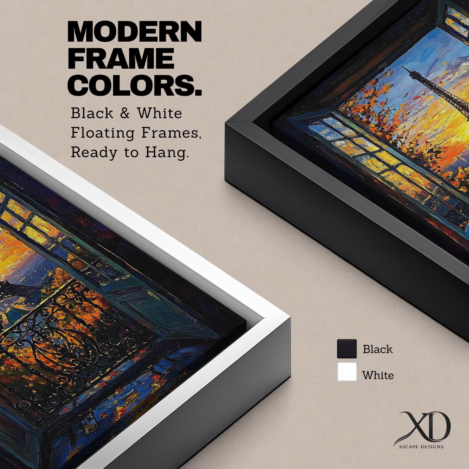 An impasto style framed canvas painting depicting the Eiffel Tower viewed through open balcony doors at sunset. The textured brush strokes create vibrant foliage and sky details, capturing the iconic Paris landmark with rich color and depth in a cityscape composition.