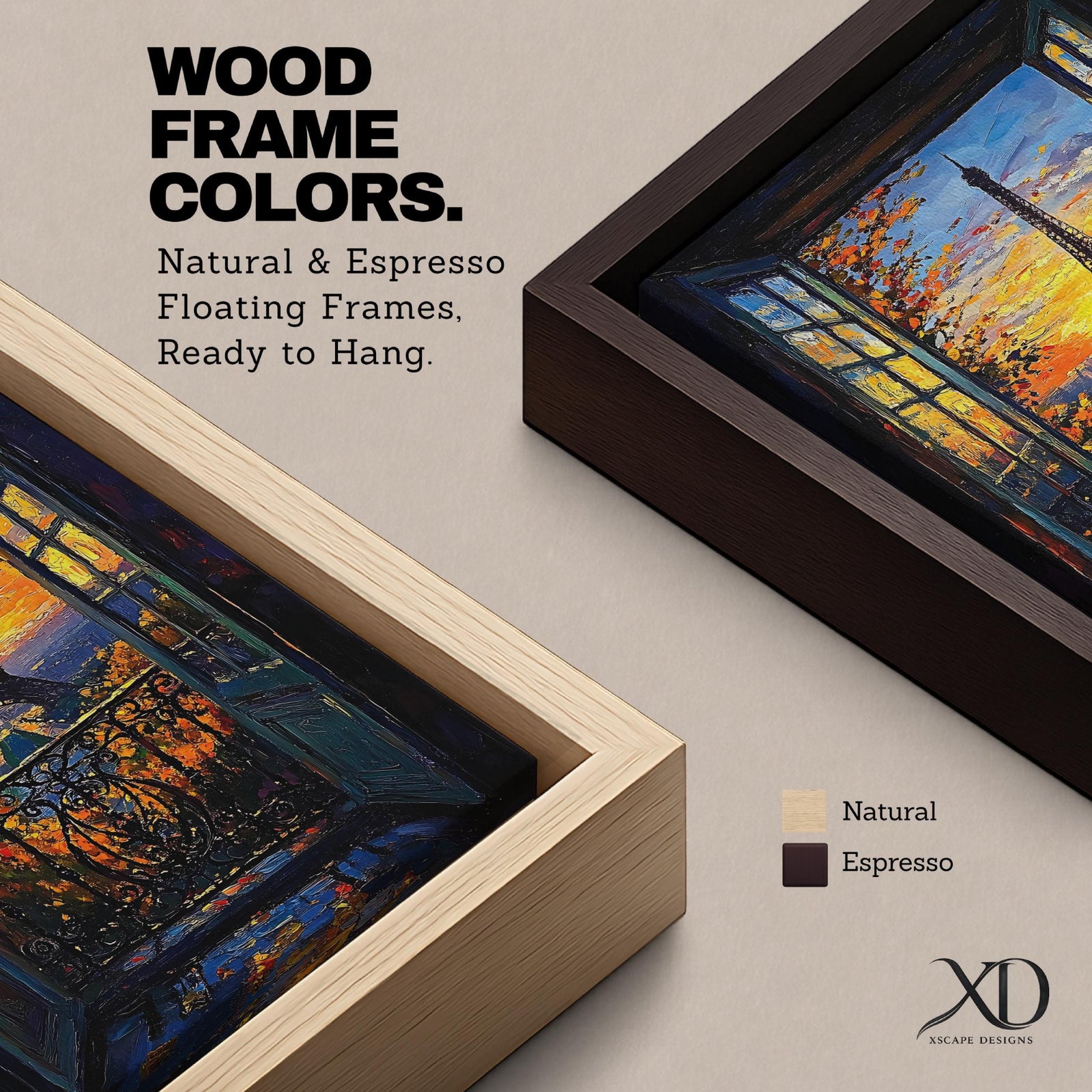 An impasto style framed canvas painting depicting the Eiffel Tower viewed through open balcony doors at sunset. The textured brush strokes create vibrant foliage and sky details, capturing the iconic Paris landmark with rich color and depth in a cityscape composition.