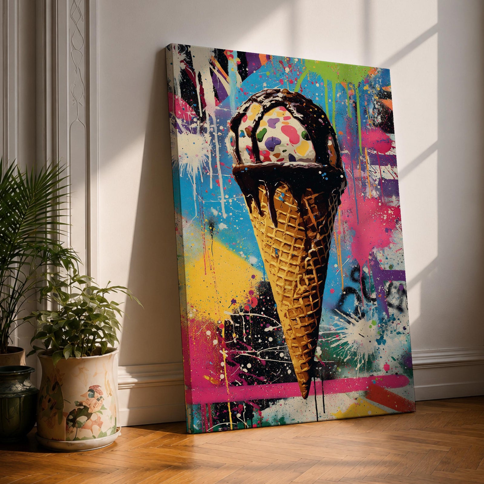 Colorful abstract painting of an ice cream cone with dripping chocolate on a vibrant splattered background featuring bright blues, pinks, yellows, and greens in a street art style.