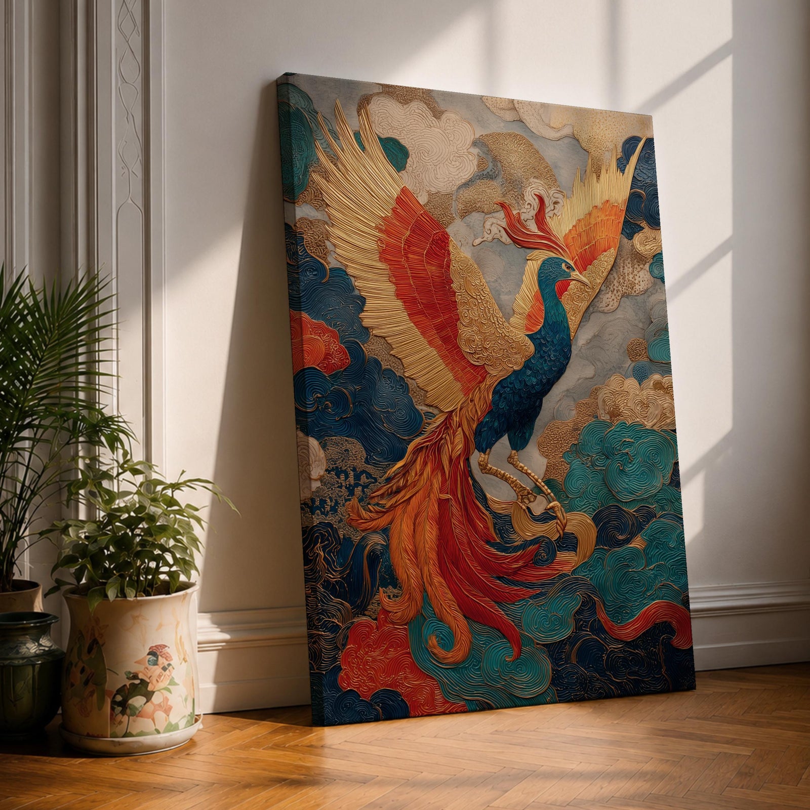 Phoenix wall art featuring a majestic mythical bird soaring through swirling clouds with expansive wings and flowing tail feathers. Rich ornamental details, vibrant colors, and fantasy-inspired design create a dramatic symbol of rebirth, transformation, and immortality.
