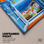 A vibrant framed canvas painting depicting an open Mediterranean-style window with blue shutters overlooking a coastal landscape. Above the window, ripe orange fruits hang from branches, framing a scenic view of white houses with terracotta roofs and a deep blue sea under a clear sky, rendered in a vivid, realistic style.