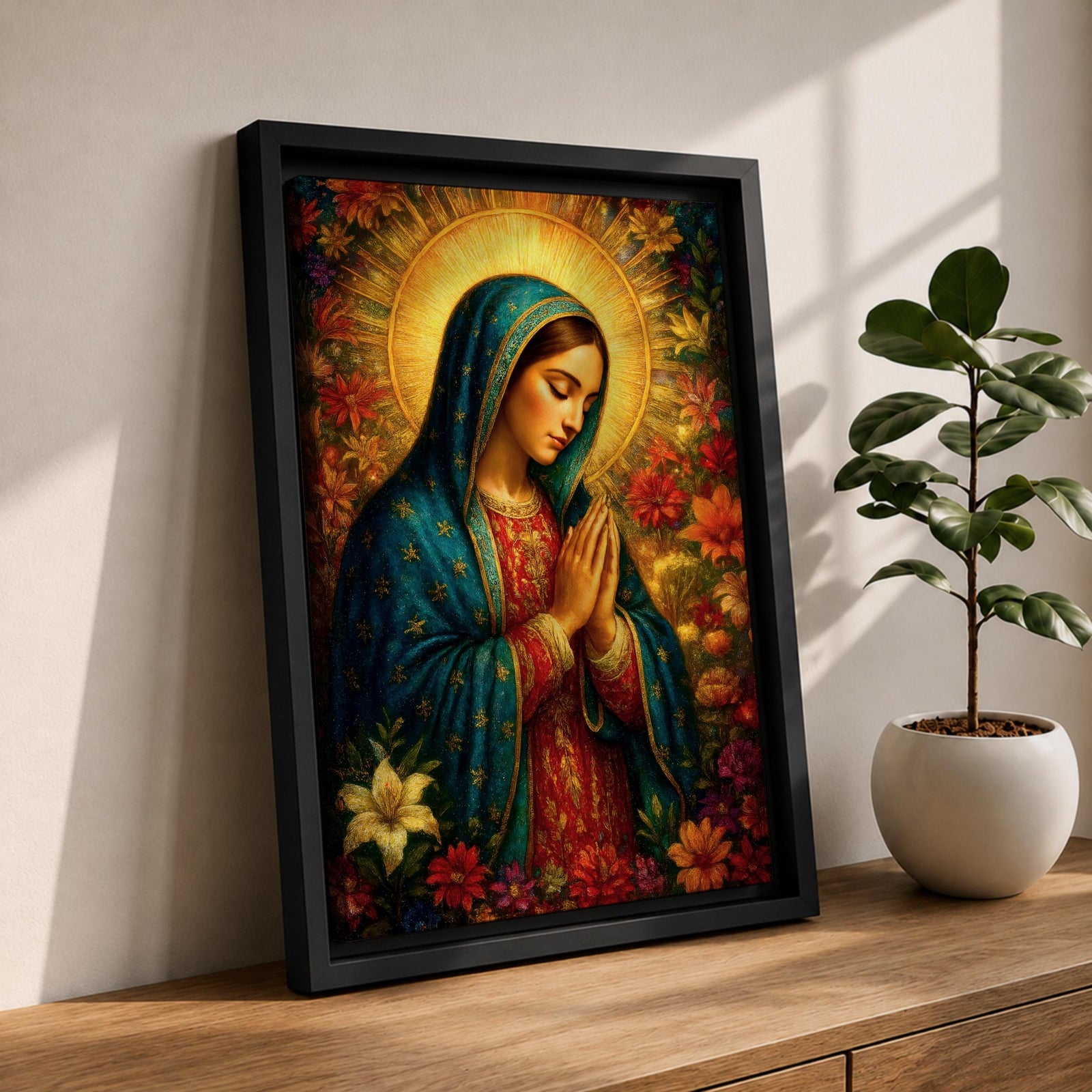 Devotional illustration of Our Lady of Guadalupe also known as La Guadalupana standing with hands clasped in prayer, wearing a rose colored gown and a teal mantle covered with gold stars, surrounded by radiant golden rays with a small angel beneath her, rendered with warm tones and soft shading in traditional Mexican Catholic icon style.