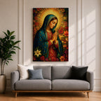 Devotional illustration of Our Lady of Guadalupe also known as La Guadalupana standing with hands clasped in prayer, wearing a rose colored gown and a teal mantle covered with gold stars, surrounded by radiant golden rays with a small angel beneath her, rendered with warm tones and soft shading in traditional Mexican Catholic icon style.