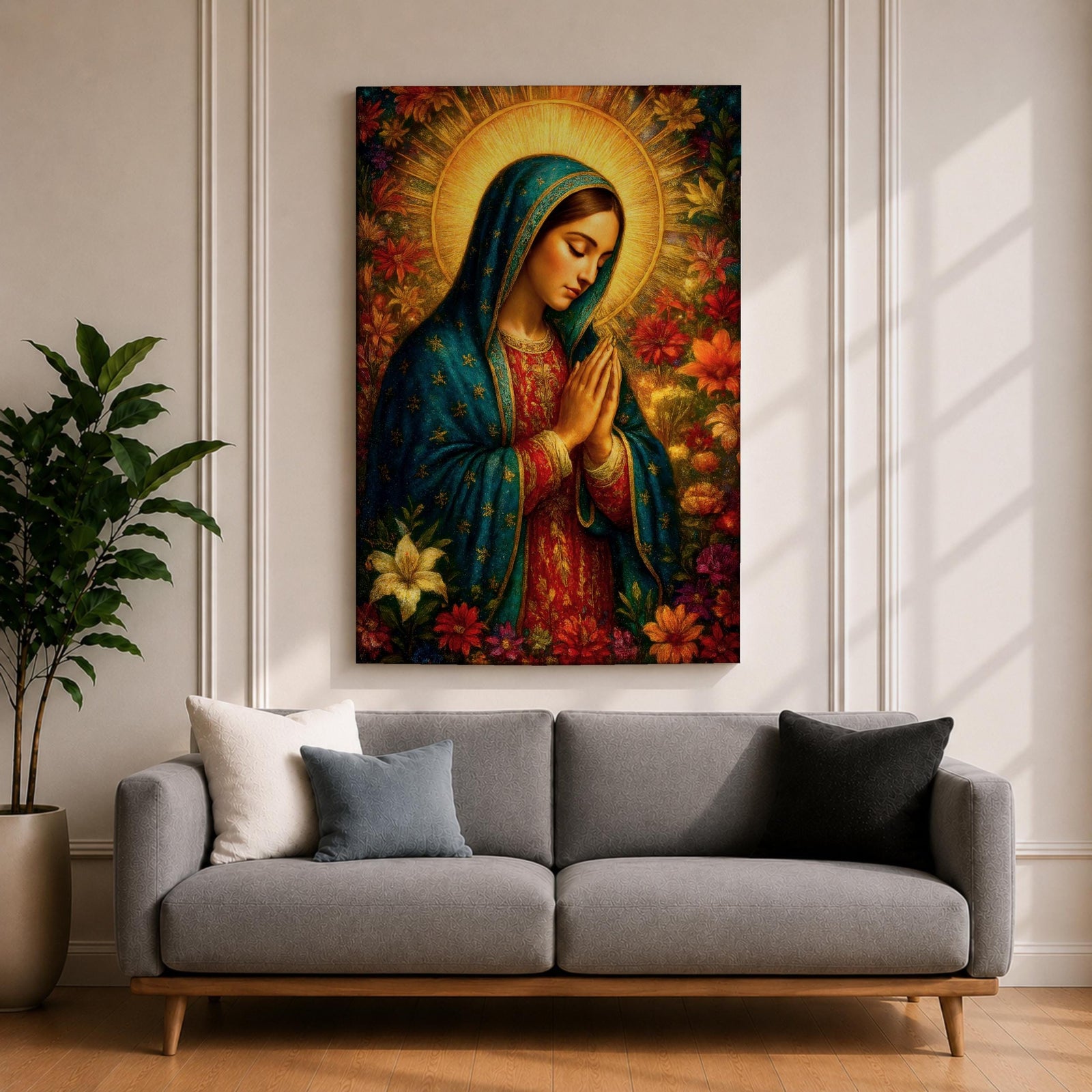 Devotional illustration of Our Lady of Guadalupe also known as La Guadalupana standing with hands clasped in prayer, wearing a rose colored gown and a teal mantle covered with gold stars, surrounded by radiant golden rays with a small angel beneath her, rendered with warm tones and soft shading in traditional Mexican Catholic icon style.