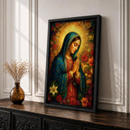 Devotional illustration of Our Lady of Guadalupe also known as La Guadalupana standing with hands clasped in prayer, wearing a rose colored gown and a teal mantle covered with gold stars, surrounded by radiant golden rays with a small angel beneath her, rendered with warm tones and soft shading in traditional Mexican Catholic icon style.