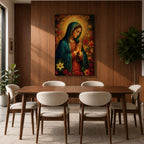 Devotional illustration of Our Lady of Guadalupe also known as La Guadalupana standing with hands clasped in prayer, wearing a rose colored gown and a teal mantle covered with gold stars, surrounded by radiant golden rays with a small angel beneath her, rendered with warm tones and soft shading in traditional Mexican Catholic icon style.