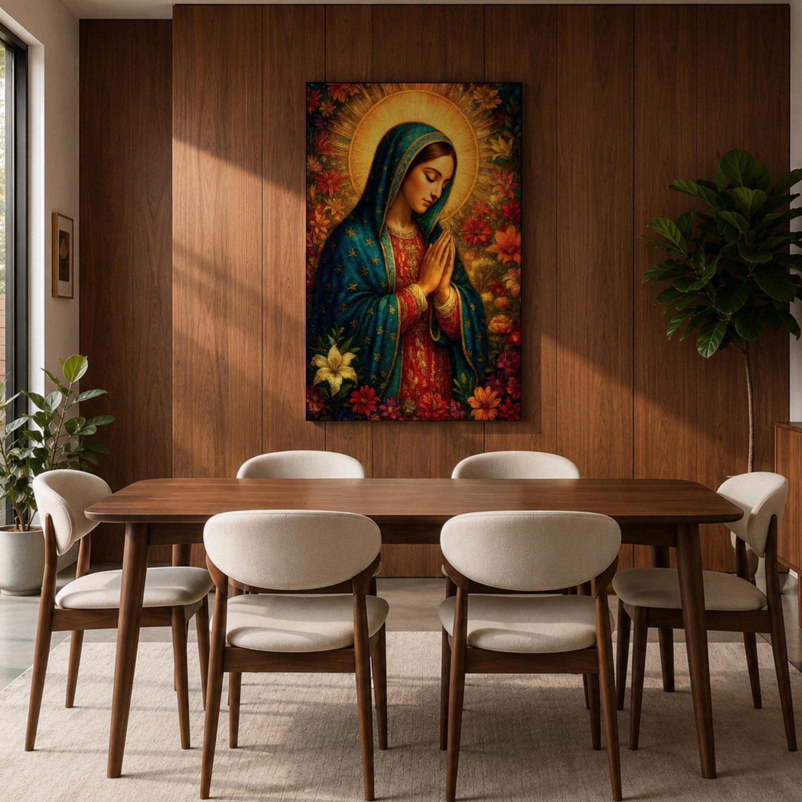 Devotional illustration of Our Lady of Guadalupe also known as La Guadalupana standing with hands clasped in prayer, wearing a rose colored gown and a teal mantle covered with gold stars, surrounded by radiant golden rays with a small angel beneath her, rendered with warm tones and soft shading in traditional Mexican Catholic icon style.