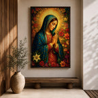 Devotional illustration of Our Lady of Guadalupe also known as La Guadalupana standing with hands clasped in prayer, wearing a rose colored gown and a teal mantle covered with gold stars, surrounded by radiant golden rays with a small angel beneath her, rendered with warm tones and soft shading in traditional Mexican Catholic icon style.
