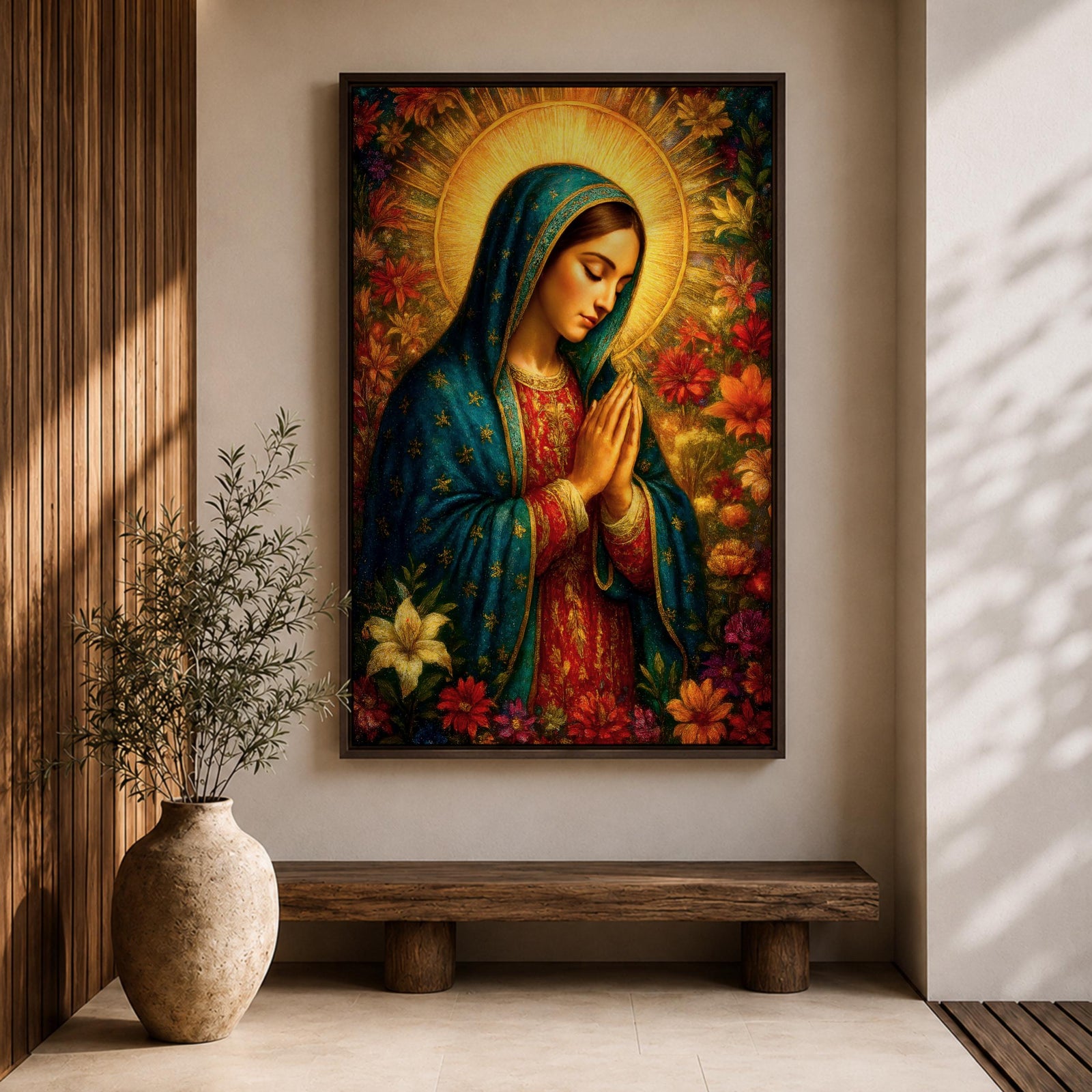 Devotional illustration of Our Lady of Guadalupe also known as La Guadalupana standing with hands clasped in prayer, wearing a rose colored gown and a teal mantle covered with gold stars, surrounded by radiant golden rays with a small angel beneath her, rendered with warm tones and soft shading in traditional Mexican Catholic icon style.